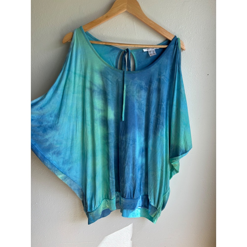 Lascana for Venus Blue Green Tie Dye Cold Shoulder Blouse Top Large Large Boho